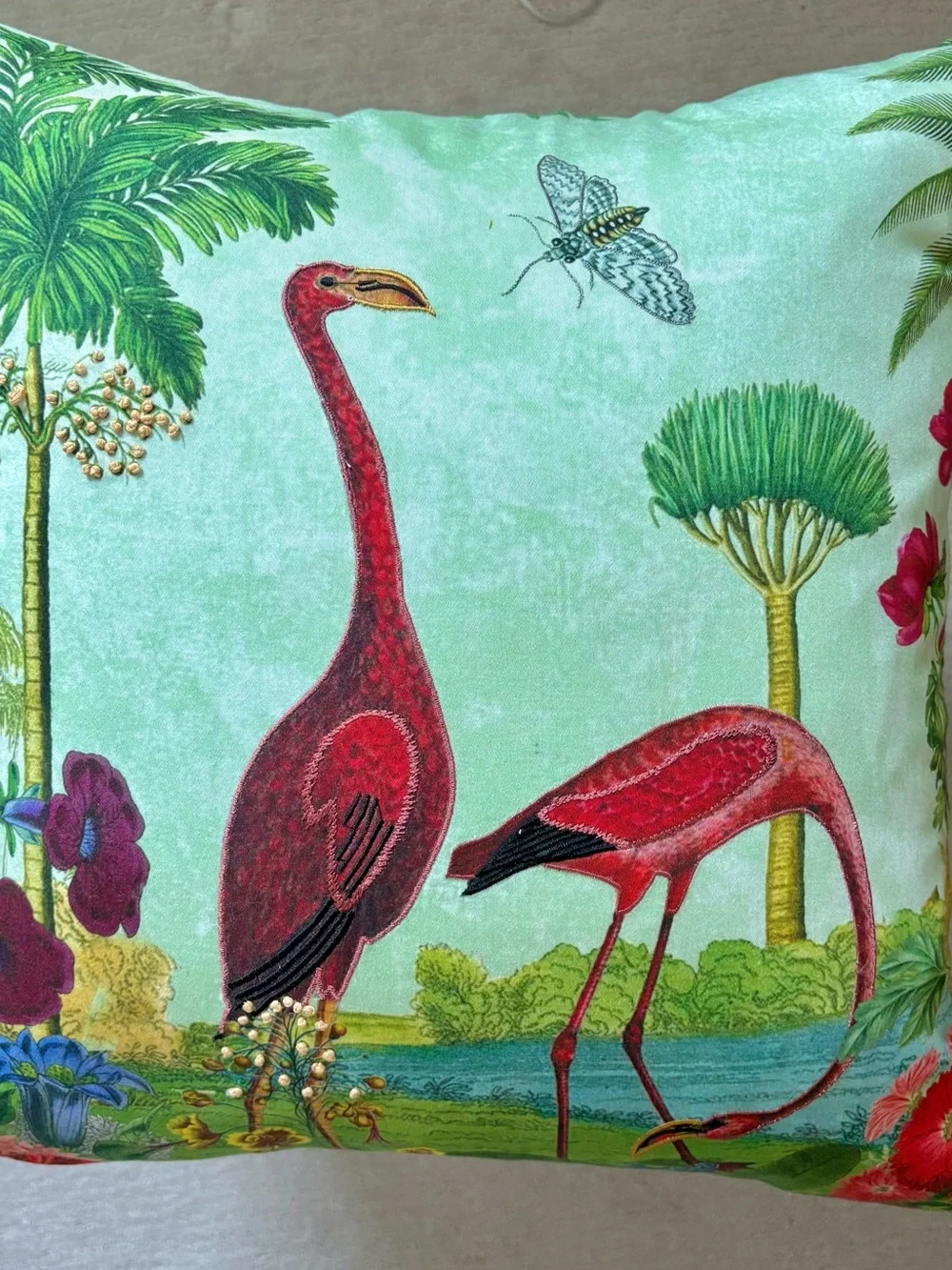 Tropical Palm Flamingo hand embroidery Pillow with feather insert in NEW !